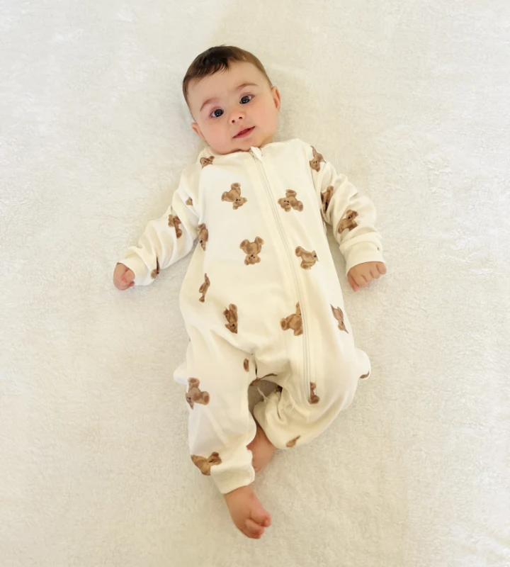 Teddy Temalı %100 Pamuk Mevsimlik Kumaş Fermuarlı Unisex Tulum