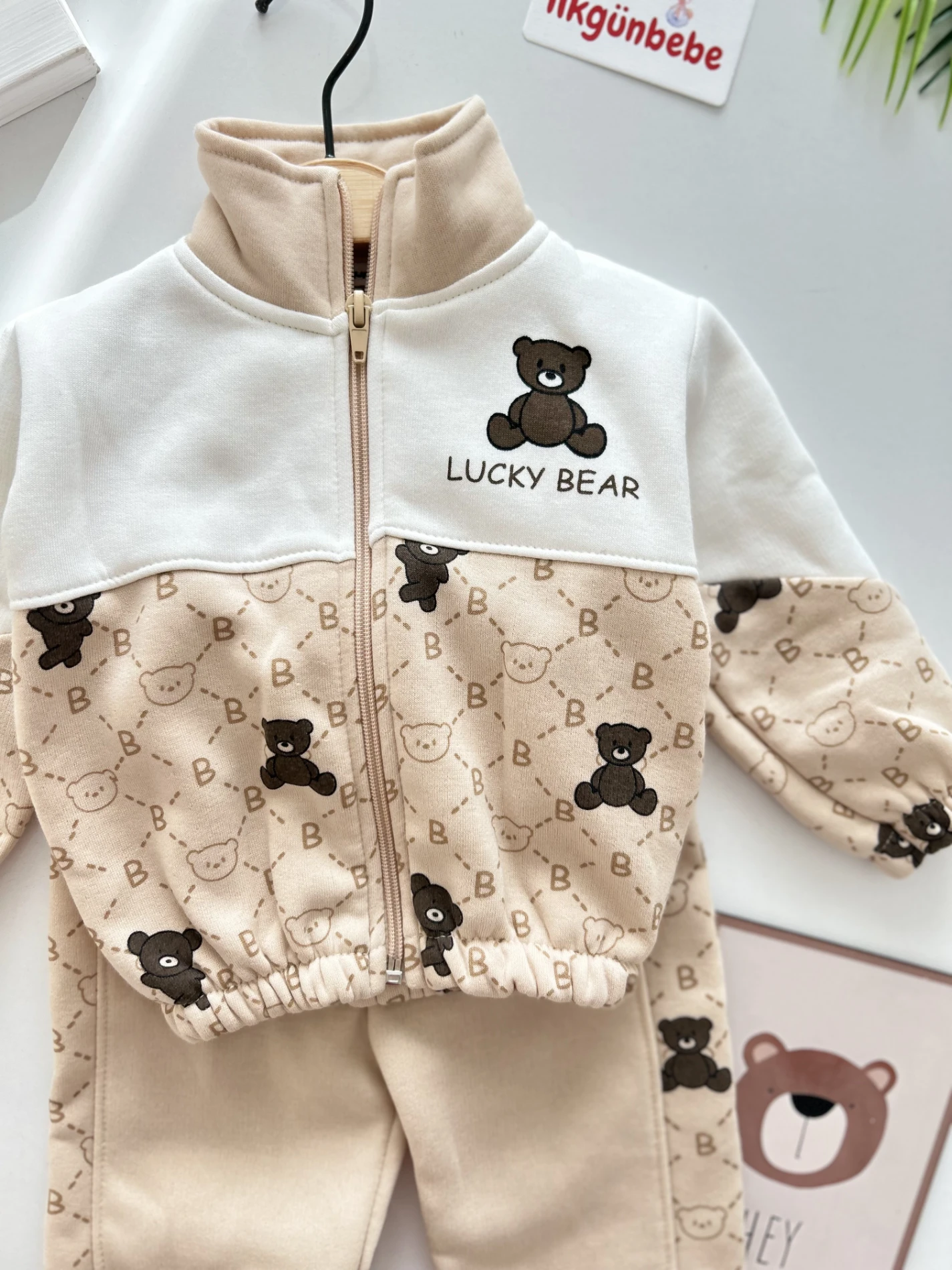 Lucky Bear Temalı 3 İp Polar Kışlık Fermuarlı Dik Yakalı 2’li Takım