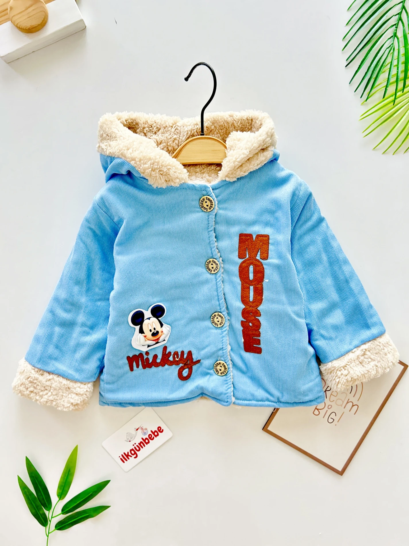 Mickey Mouse Baskılı İçi Welsoft Kapüşonlu Dışı Kadife Mont