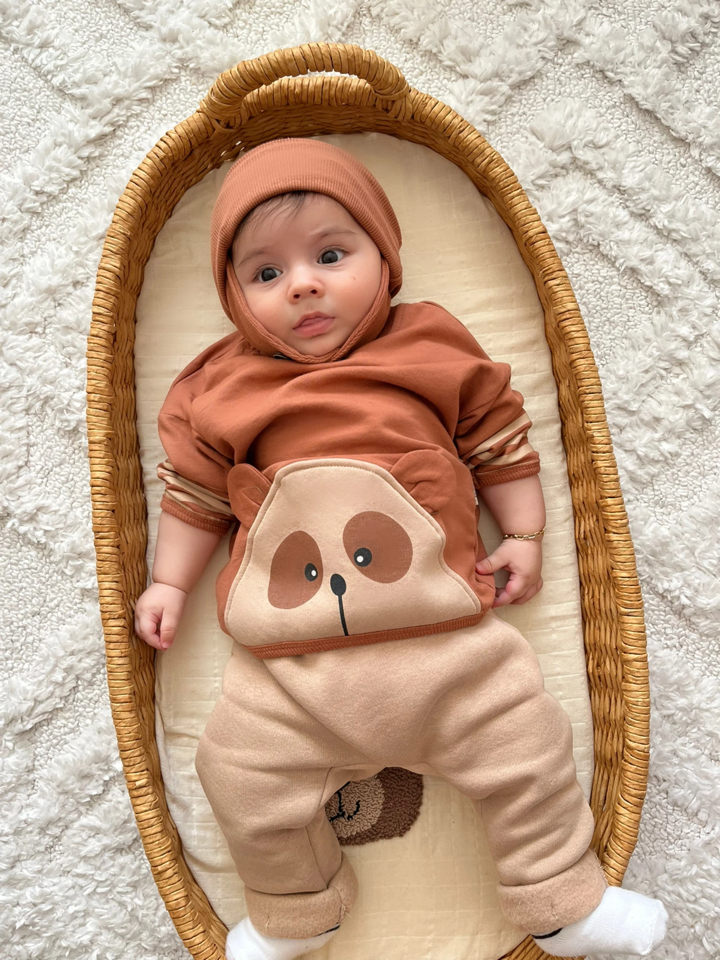 Ayıcık Teddy Kol Çizgili Detaylı Kulaklı Şapkalı %100 Pamuk 3 İp Şardonlu Altlı 3’lü Premium Kalite Takım