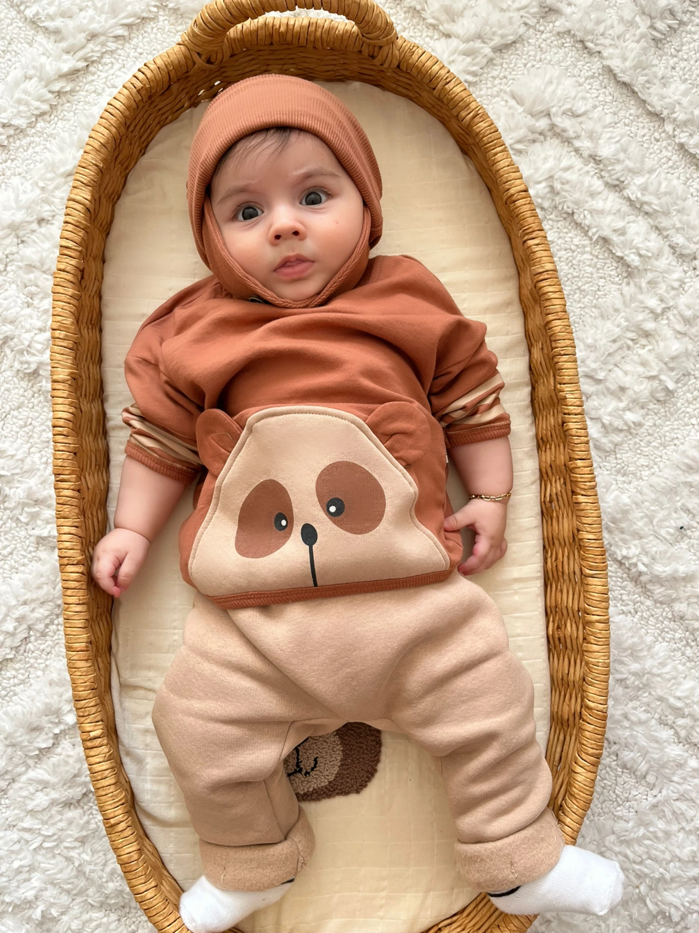 Ayıcık Teddy Kol Çizgili Detaylı Kulaklı Şapkalı %100 Pamuk 3 İp Şardonlu Altlı 3’lü Premium Kalite Takım