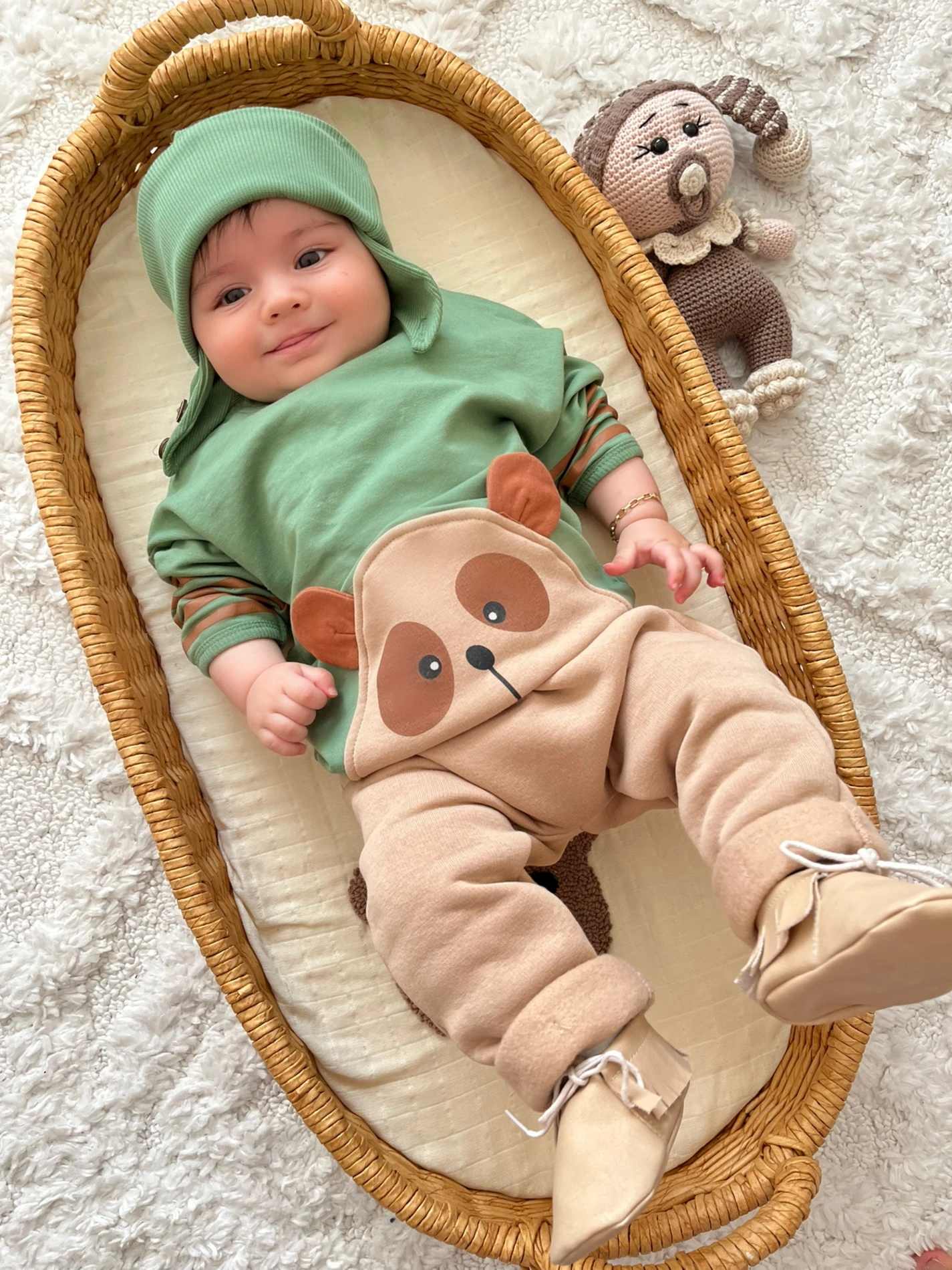 Ayıcık Teddy Kol Çizgili Detaylı Kulaklı Şapkalı %100 Pamuk 3 İp Şardonlu Altlı 3’lü Premium Kalite Takım
