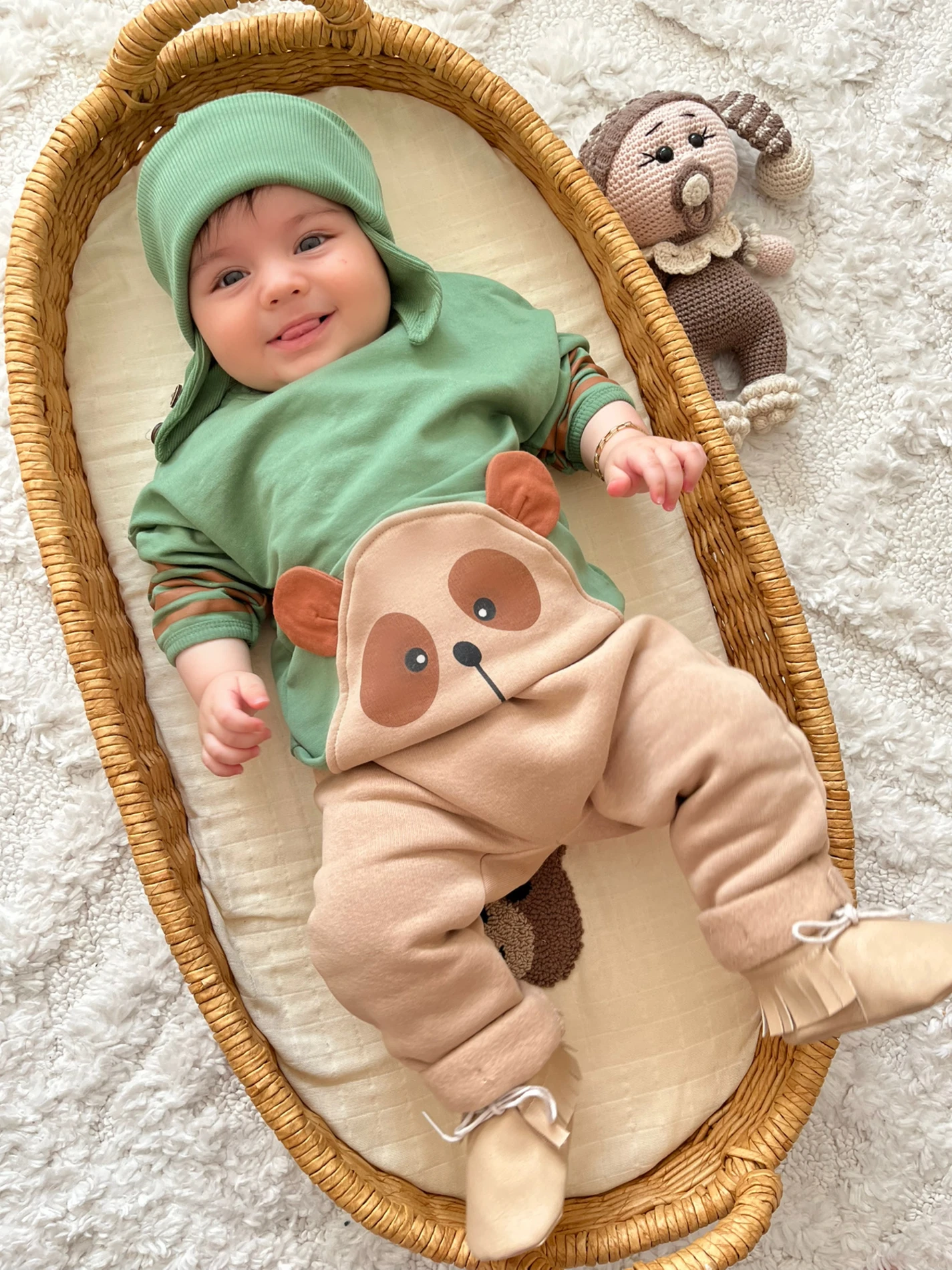 Ayıcık Teddy Kol Çizgili Detaylı Kulaklı Şapkalı %100 Pamuk 3 İp Şardonlu Altlı 3’lü Premium Kalite Takım