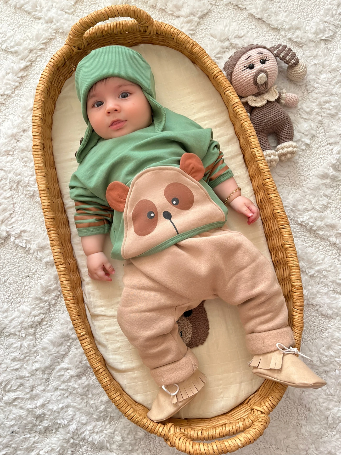 Ayıcık Teddy Kol Çizgili Detaylı Kulaklı Şapkalı %100 Pamuk 3 İp Şardonlu Altlı 3’lü Premium Kalite Takım