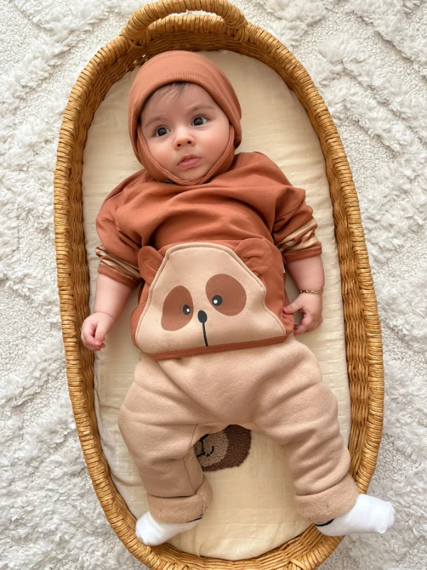 Ayıcık Teddy Kol Çizgili Detaylı Kulaklı Şapkalı %100 Pamuk 3 İp Şardonlu Altlı 3’lü Premium Kalite Takım