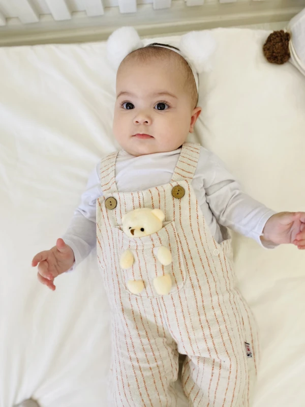 Oyuncak Ayıcıklı Çizgili Desenli Salopetli Pamuklu Bodyli 2’li Set