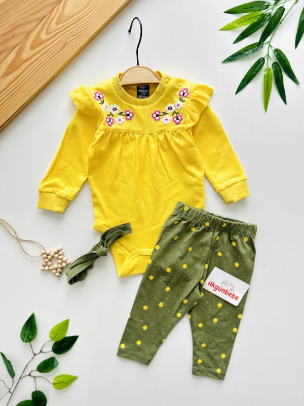 Çiçek Desenli Bandanalı  3’lü %100 Pamuk Takım