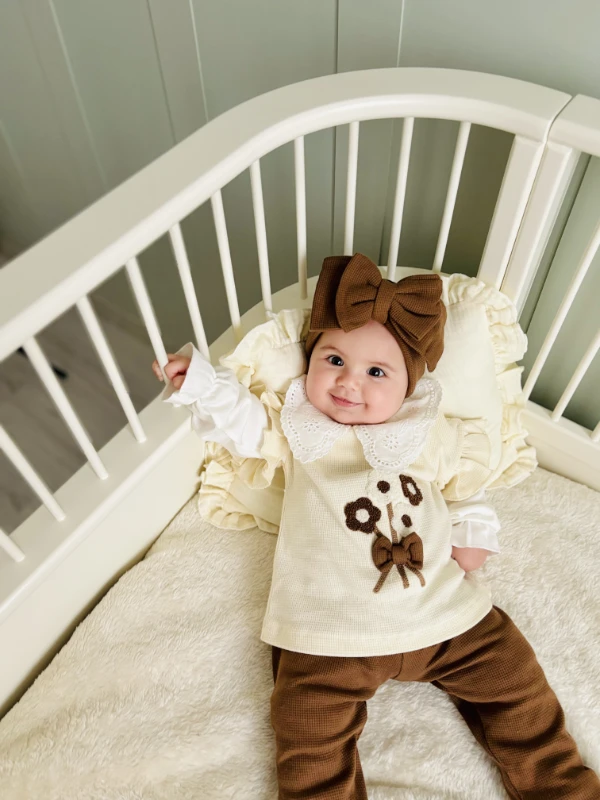 Maria Fisto Dantel Yakalı Waffle Nefes Alan Kumaş Fiyonk Bandanalı 3’lü Takım