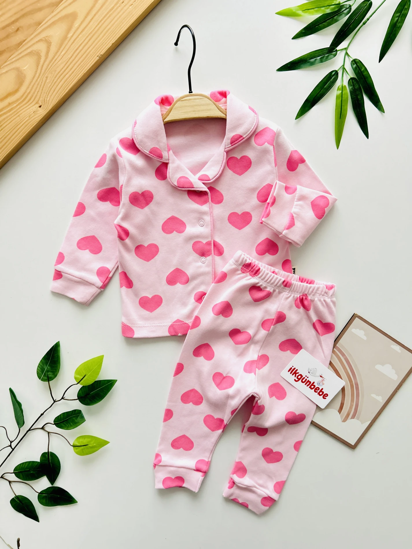 Kalp Desenli %100 Pamuk Bebe Yakalı 2’li Pijama Takımı