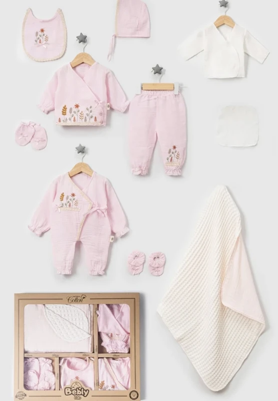 Çiçek Nakışlı  10 Parça %100 Pamuk Müslin Kumaş Premium Kalite Yenidoğan Hastane Çıkışı Seti