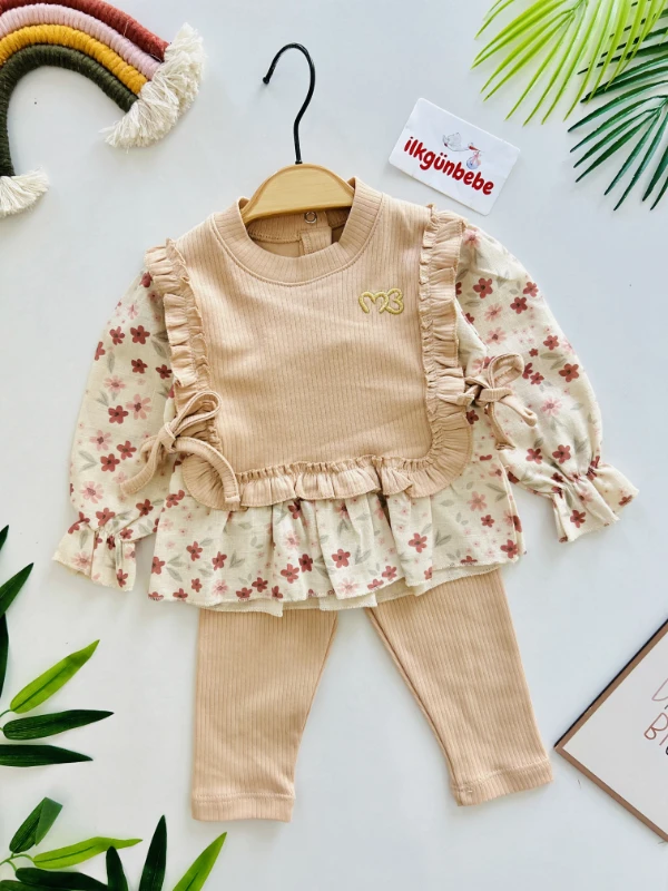 Kendinden Süveterli Keten Kumaş Çiçek Desenli 2’li Takım