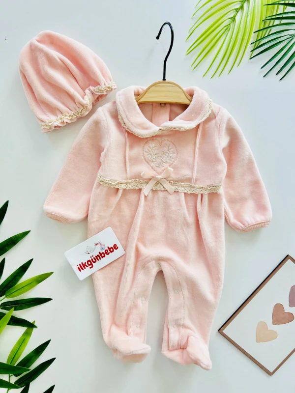 Kalp Desenli Kadife Kumaş %100 Pamuk Tulum Set