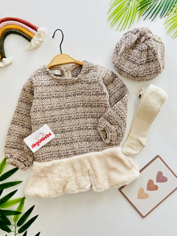 Tüvit Kürk Detaylı 3’lü Elbise Set ŞAPKASIZ 