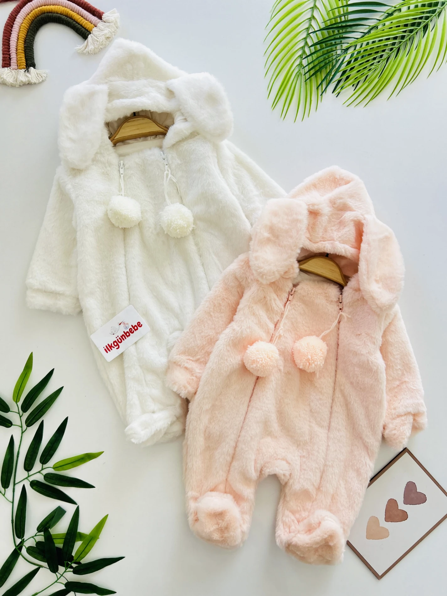 İki Fermuarlı Ponponlu Tavşan Kulak Peluş Yumuşacık Tulum