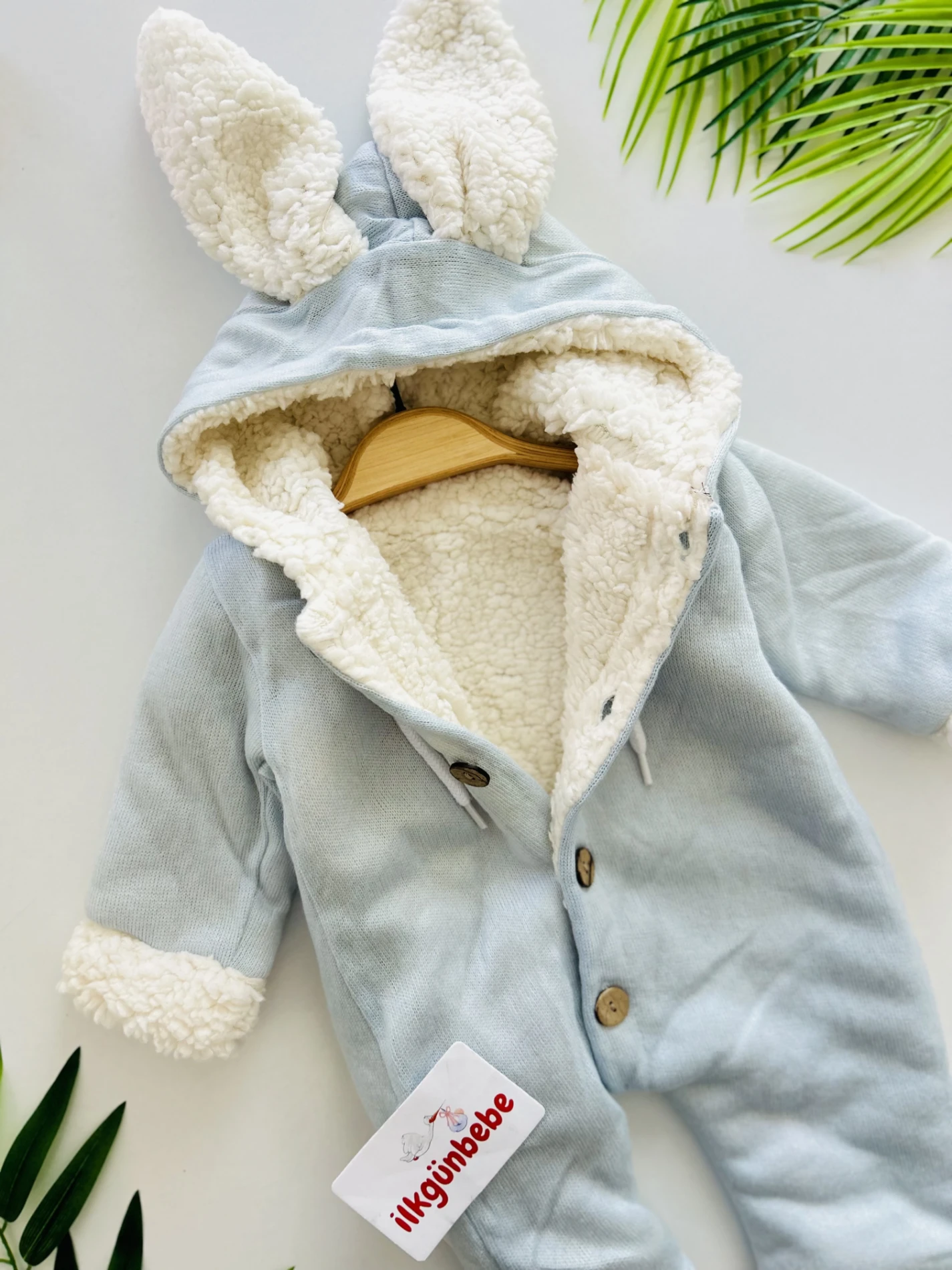 İçi Welsfot Tavşan Kulaklı Kapşonlu Düğmeli Bebek Tulum