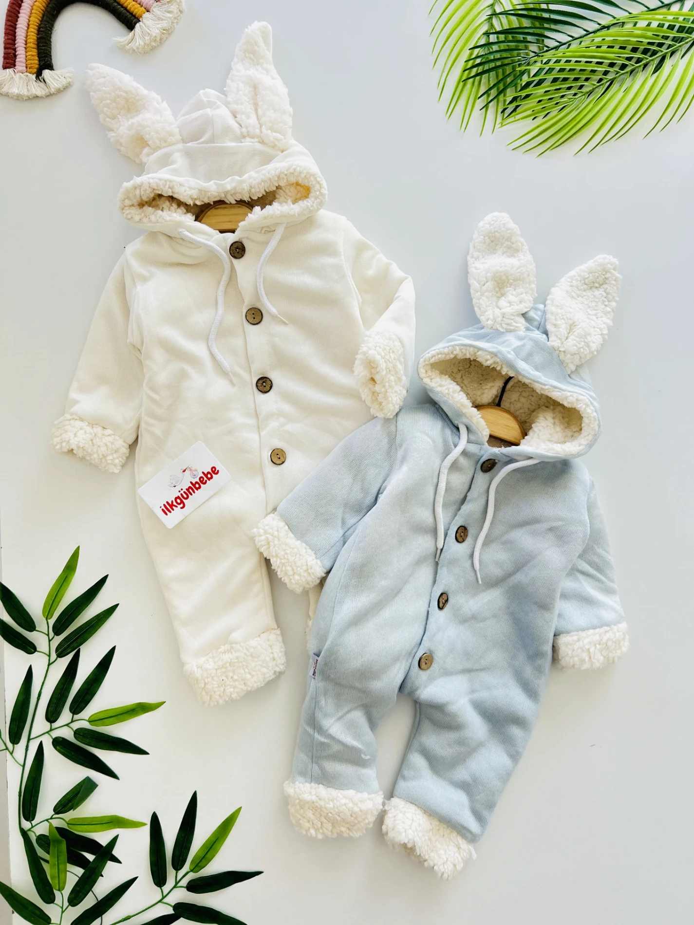 İçi Welsfot Tavşan Kulaklı Kapşonlu Düğmeli Bebek Tulum