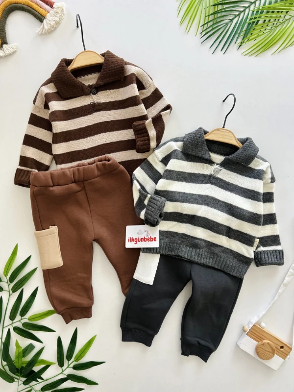 Çizgili Triko Premium Kalite 3 İp Şardonlu Eşofmanlı 2’li Takım