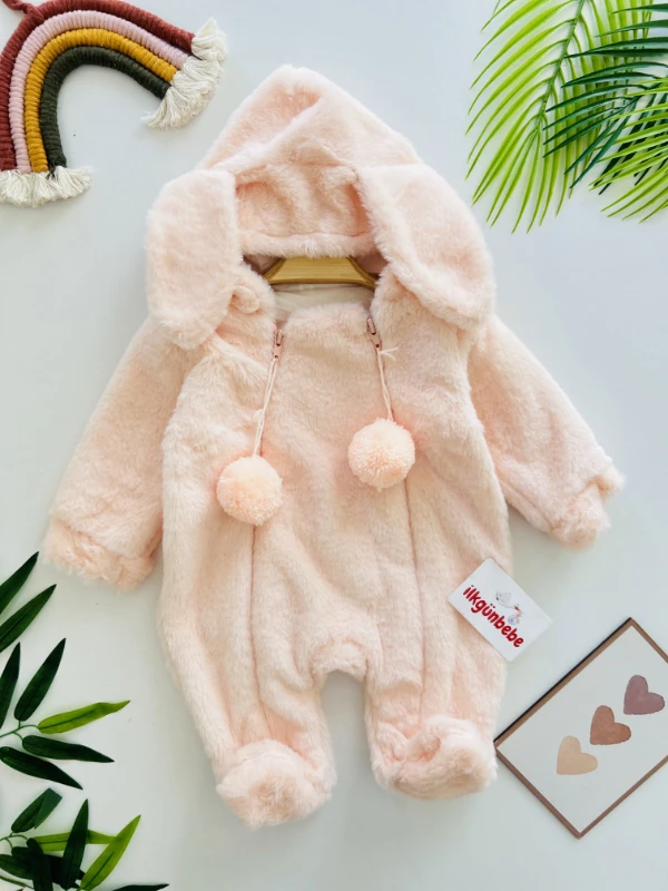 İki Fermuarlı Ponponlu Tavşan Kulak Peluş Yumuşacık Tulum