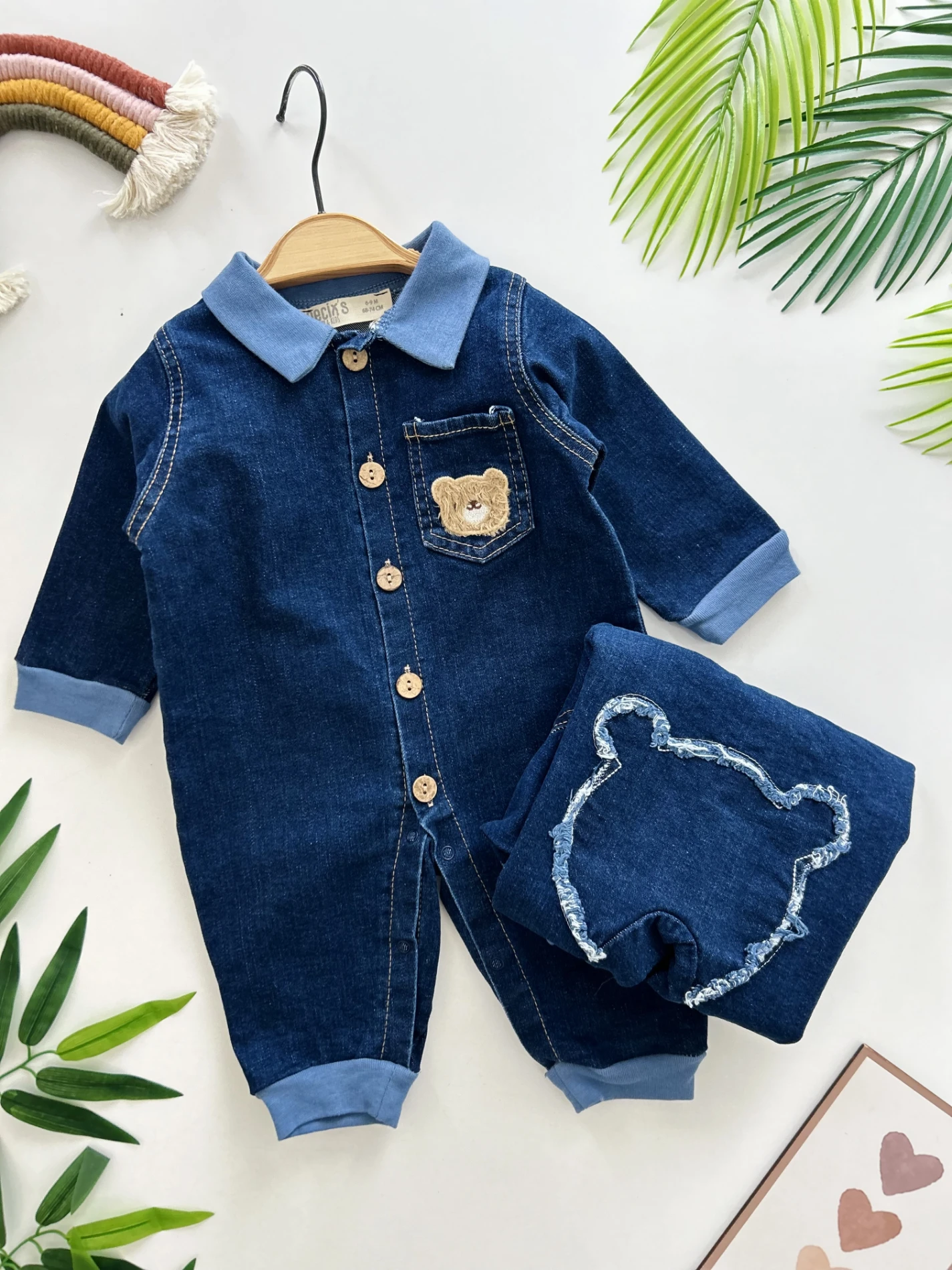Teddy Nakışlı Likralı Esnek Kot Tulum