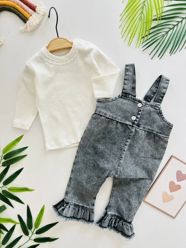 Likralı Esnek Kot Kumaş Paça Fırfır Detaylı Bodyli 2’li Takım