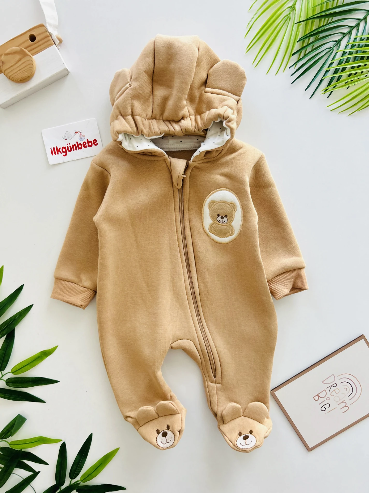 Ayıcık Kulaklı  Detaylı 3 İp İçi Şardonlu Premium Tulum