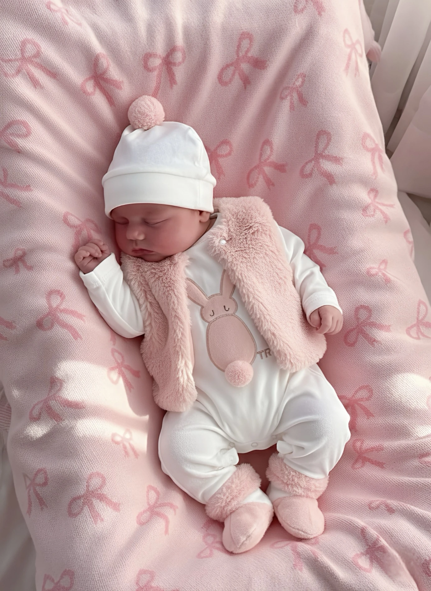 Cute Rabbit Kadife Kumaş Yelekli Ponpon Şapkalı 3’lü Set