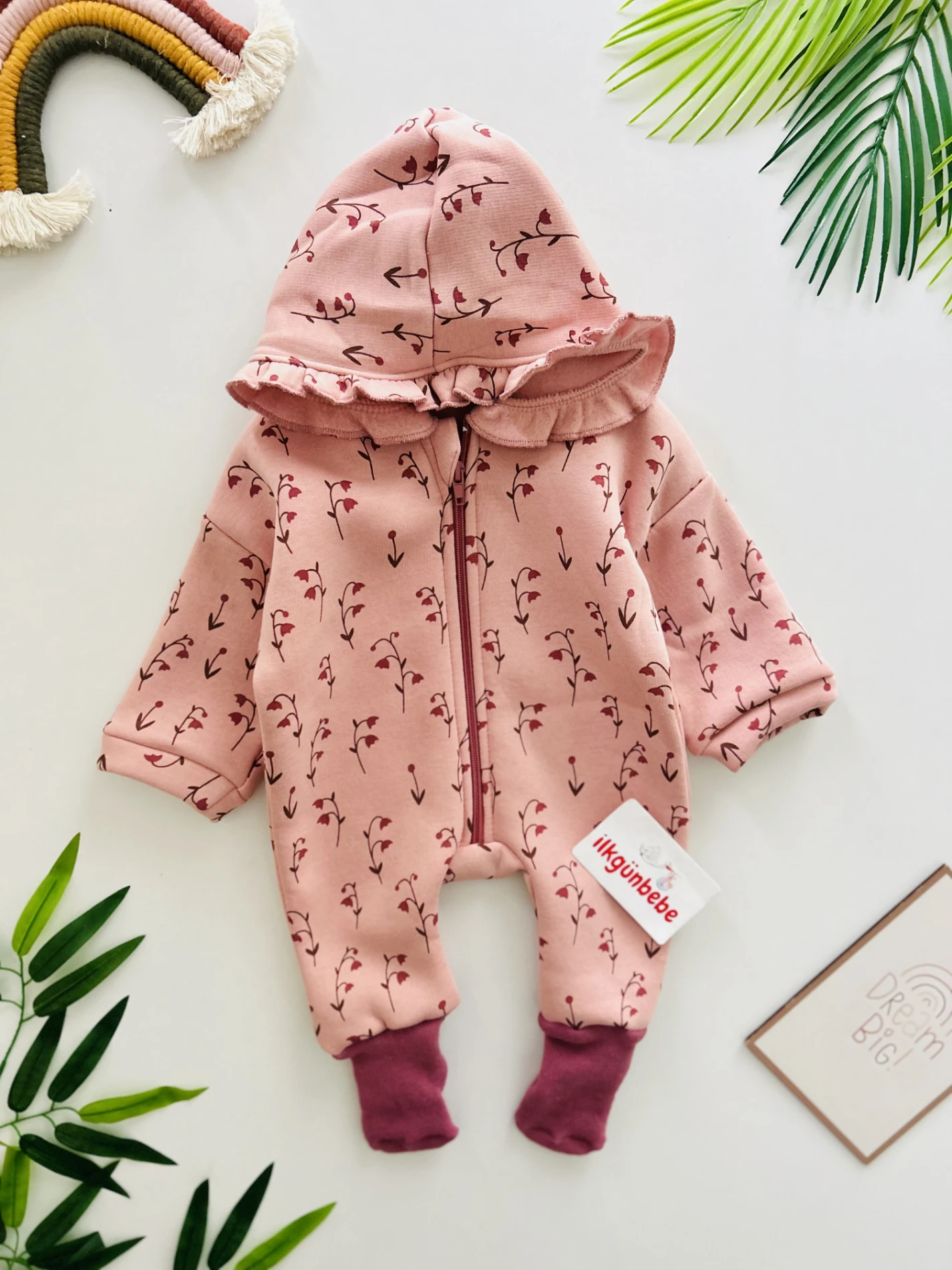 Pembe Çiçek Desenli Şardonlu Fırfırlı Kapüşonlu Bebek Tulum