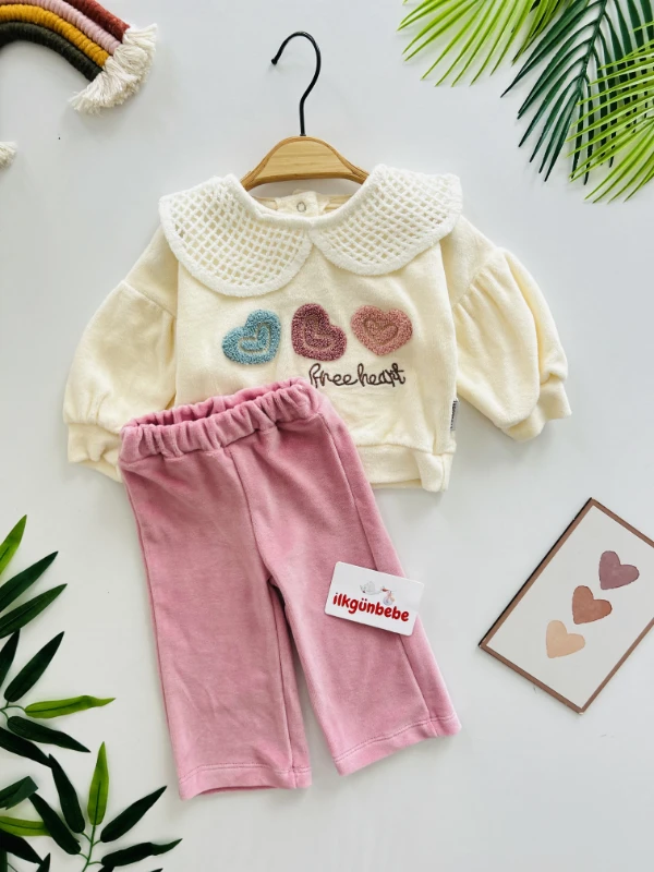 File Bebe Yaka Detaylı Kadife Kumaş Kışlık 2 Parça Takım