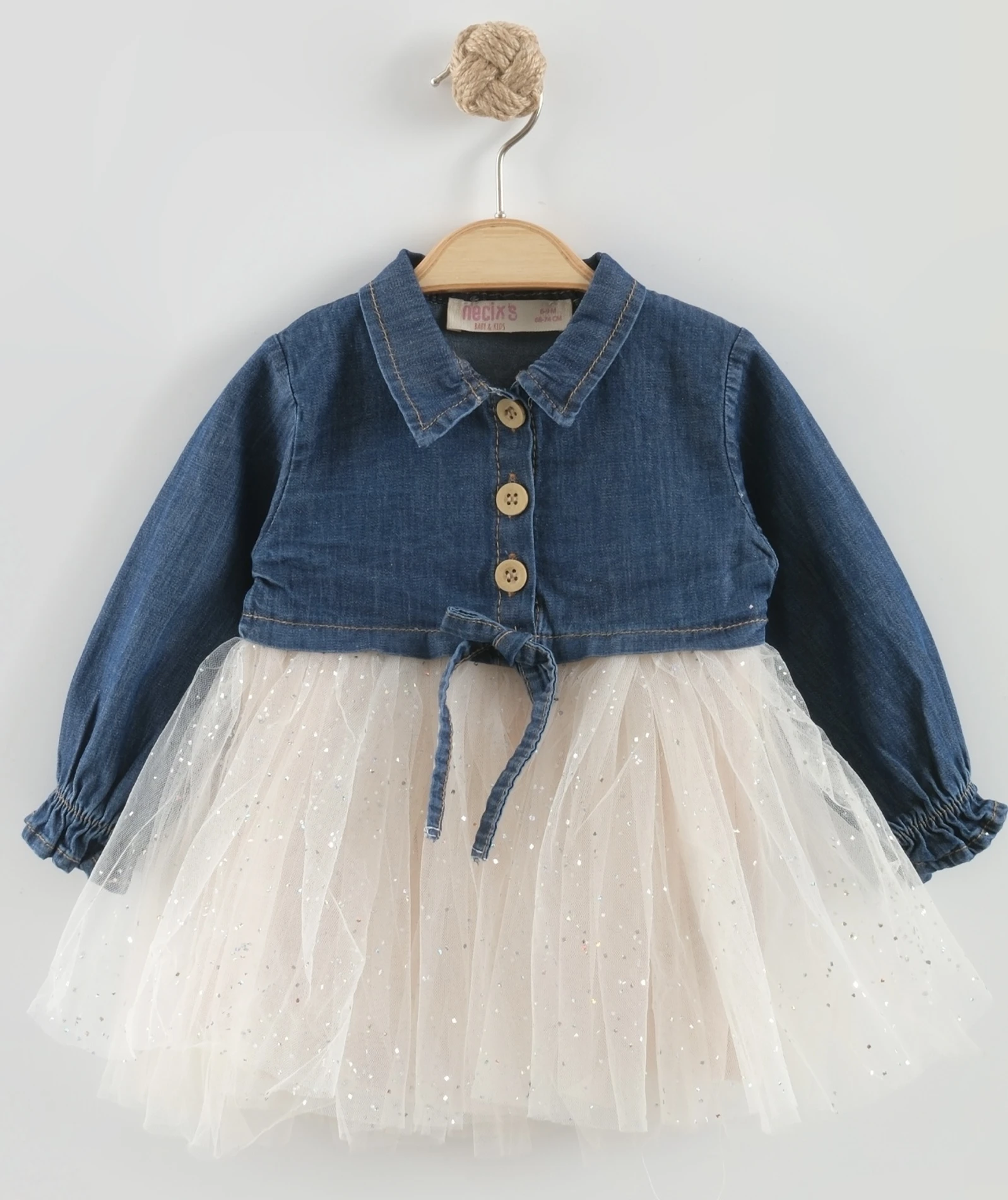 Parıltılı Tüllü Kot Elbiseli Premium Kalite Elbise