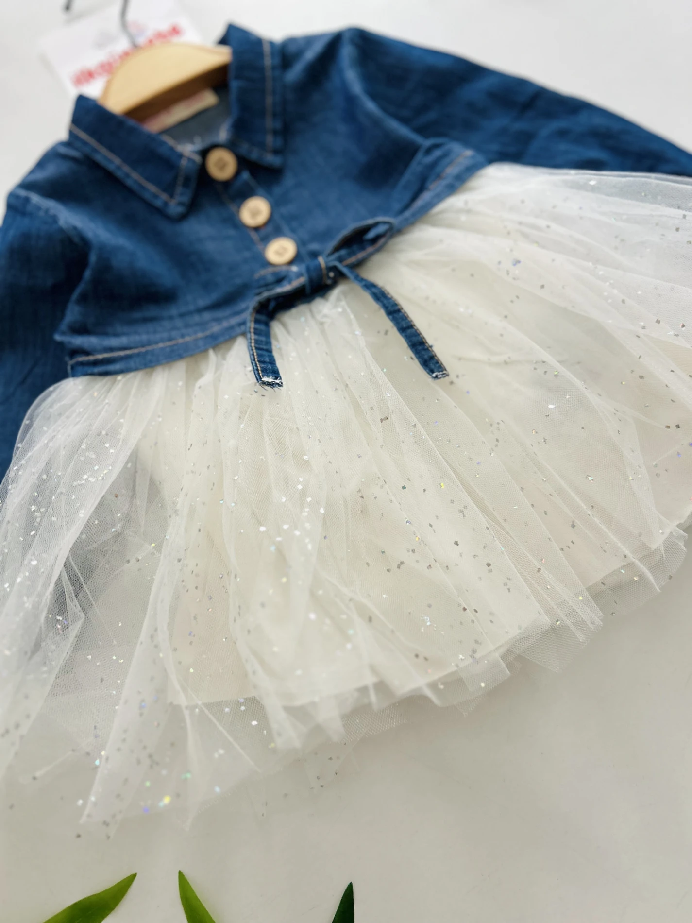 Parıltılı Tüllü Kot Elbiseli Premium Kalite Elbise