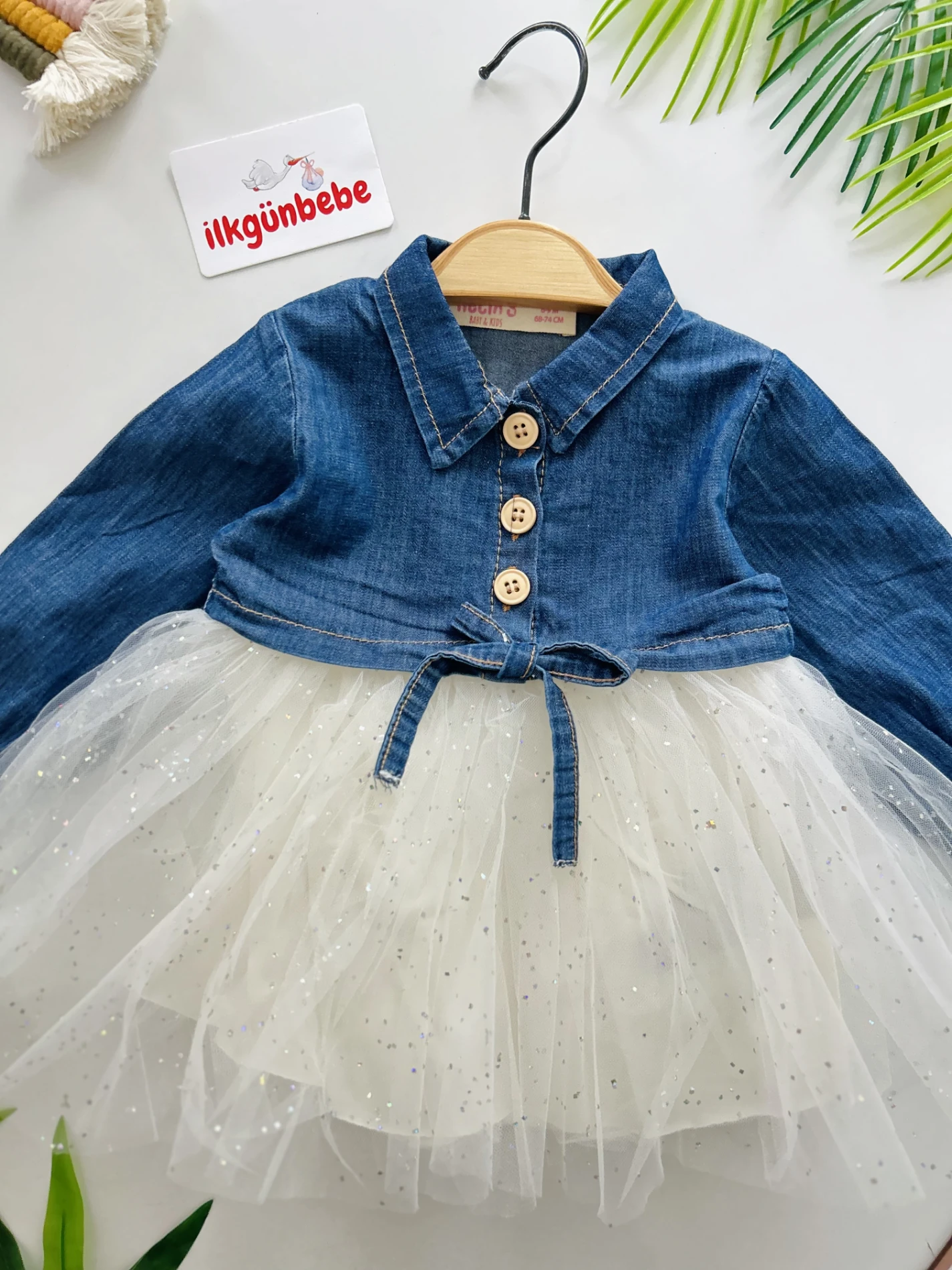 Parıltılı Tüllü Kot Elbiseli Premium Kalite Elbise