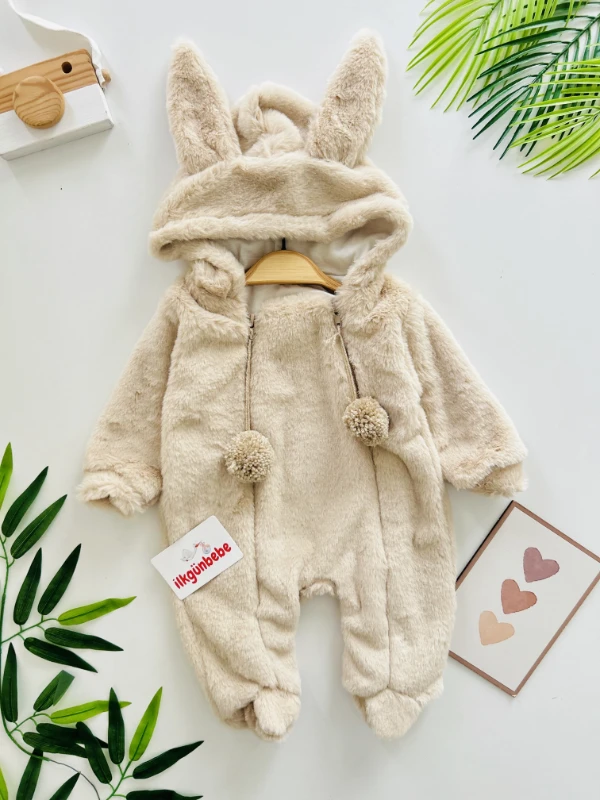 İki Fermuarlı Ponponlu Tavşan Kulak Peluş Yumuşacık Tulum