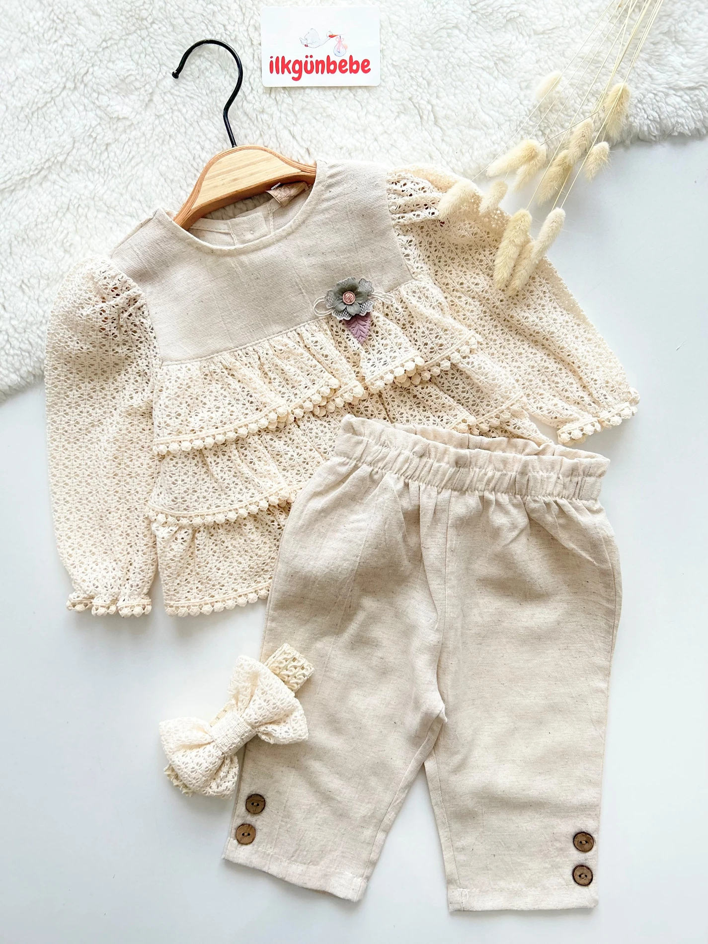 Lily Keten Kumaş Bandanalı Premium Kaliteli 3 Parça Ahşap Düğmeli Belden Esnek Takım