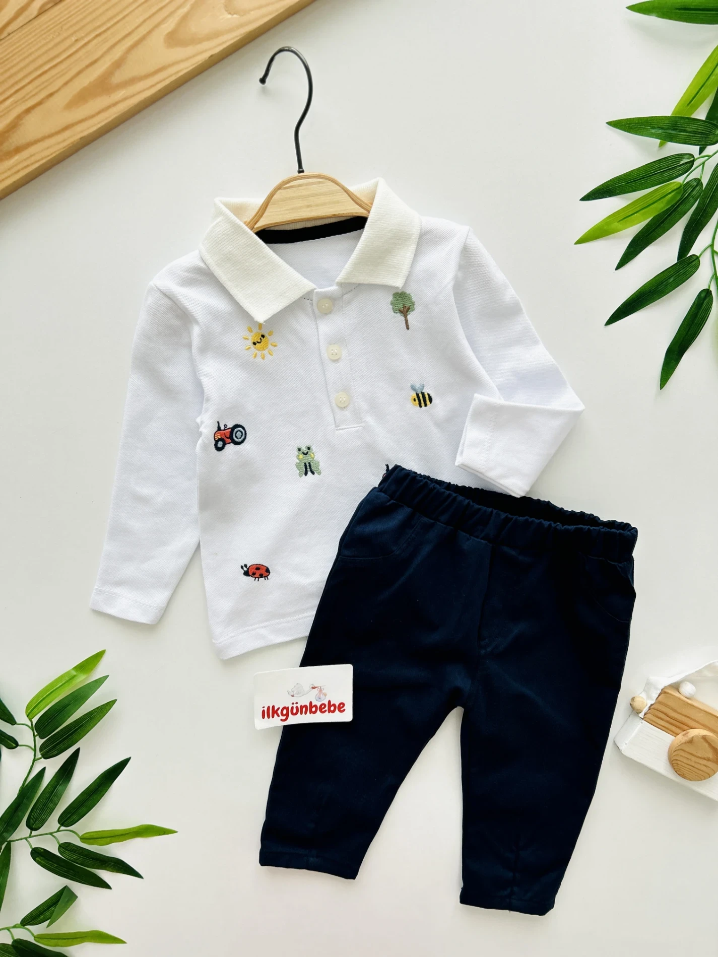 Sevimli Figürler Baskılı Polo Yaka Keten Pantalonlu 2’li Cool Takım