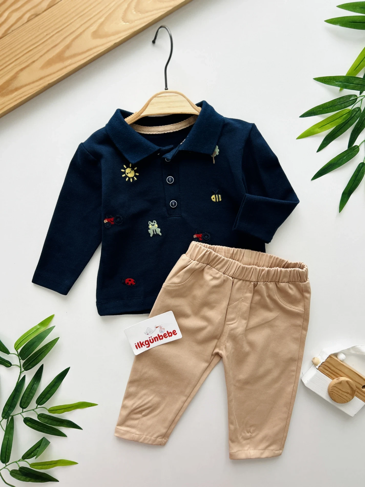 Sevimli Figürler Baskılı Polo Yaka Keten Pantalonlu 2’li Cool Takım