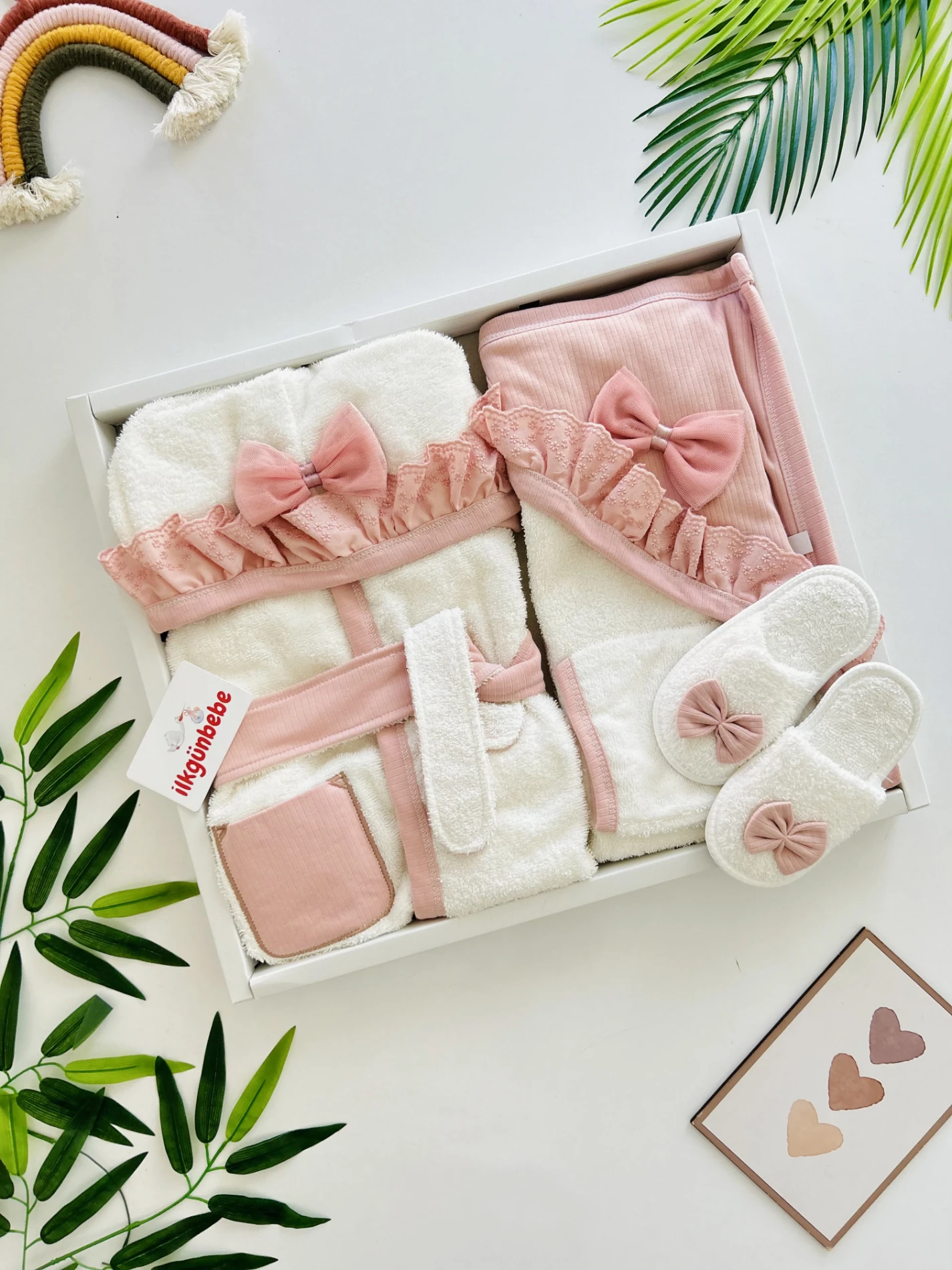 Fiyonklu Güpürlü %100 Pamuk Emici Kumaş Bornoz Set