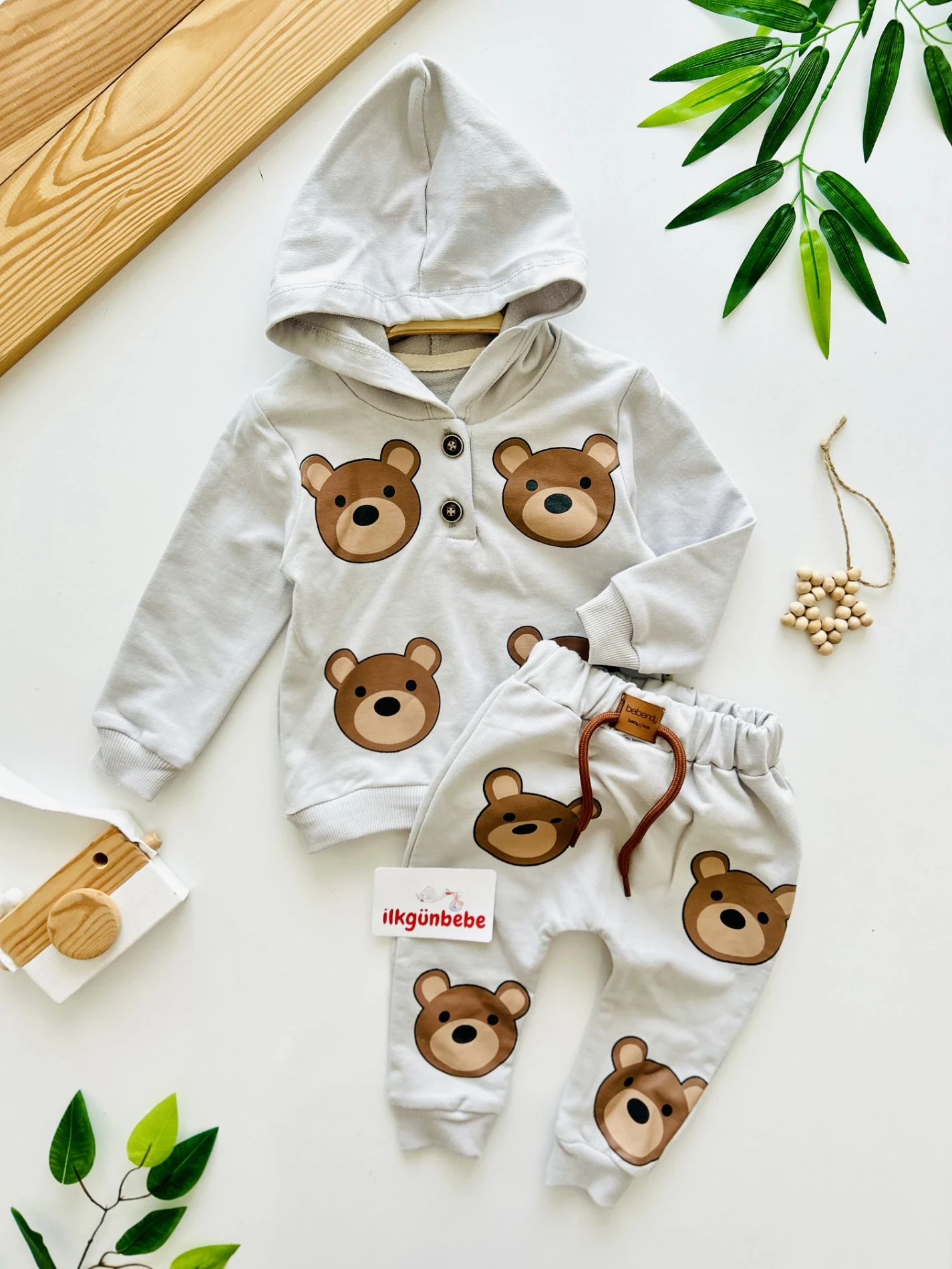 Teddy Kapüşonlu Ahşap Düğmeli Sweatli 2’li Mevsimlik Takım