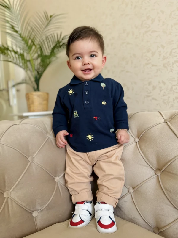 Sevimli Figürler Baskılı Polo Yaka Keten Pantalonlu 2’li Cool Takım