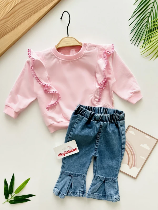 Zeyna Omuzdan Fırfırlı İspanyol Kot Pantalonlu 2’li %100 Pamuk Premium Takım