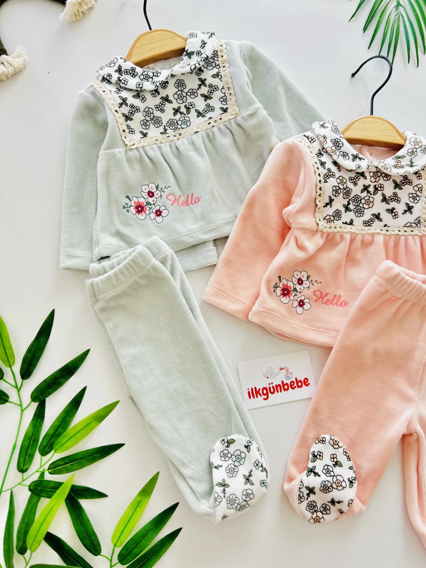 Çiçek Desenli Kadife Kumaş 2’li Premium Takım