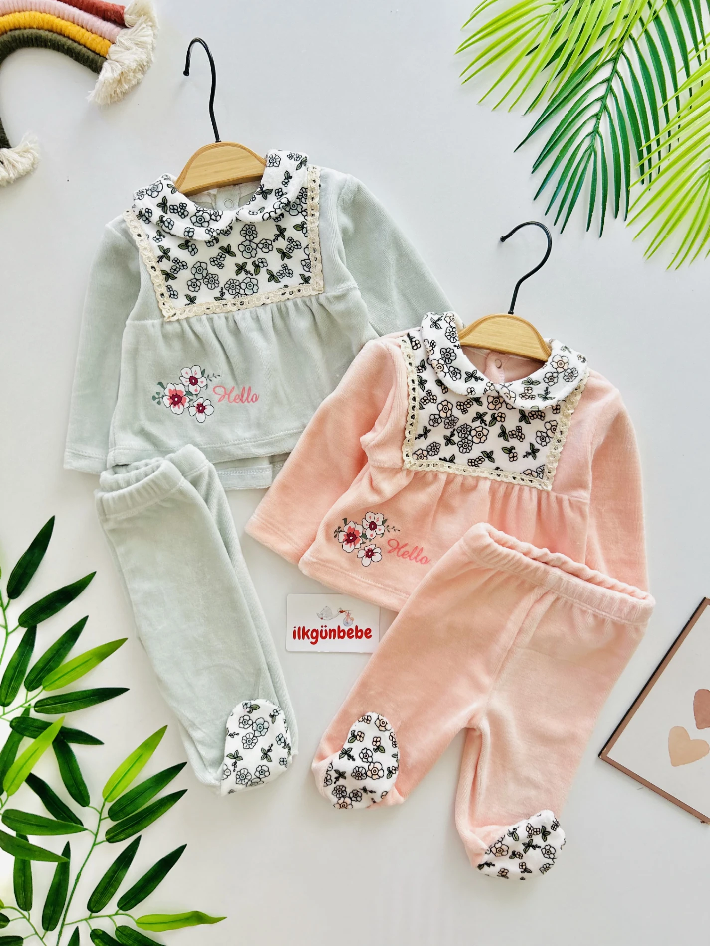 Çiçek Desenli Kadife Kumaş 2’li Premium Takım