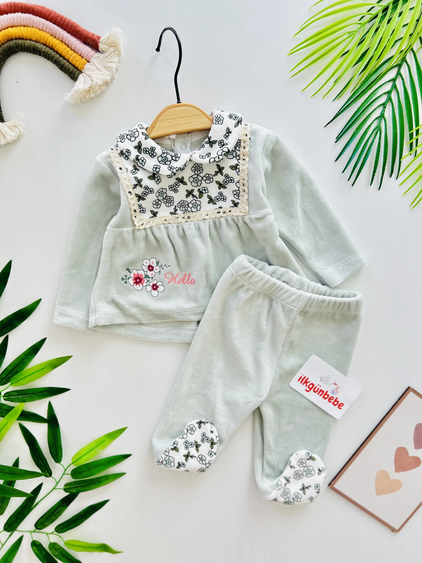 Çiçek Desenli Kadife Kumaş 2’li Premium Takım