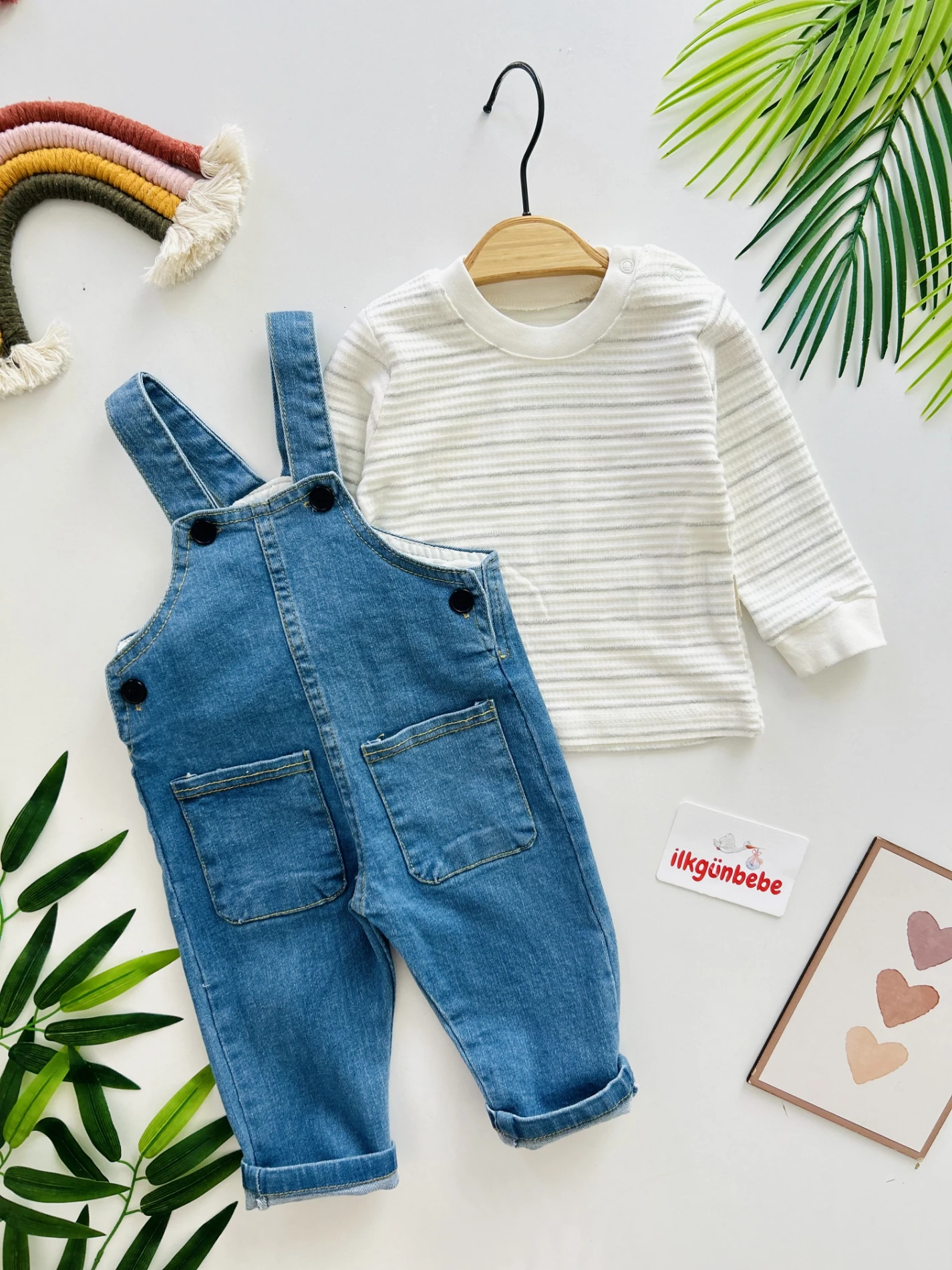 Çizgili Bodyli  Premium Kalite Likralı Esnek Kot Salopetli Takım