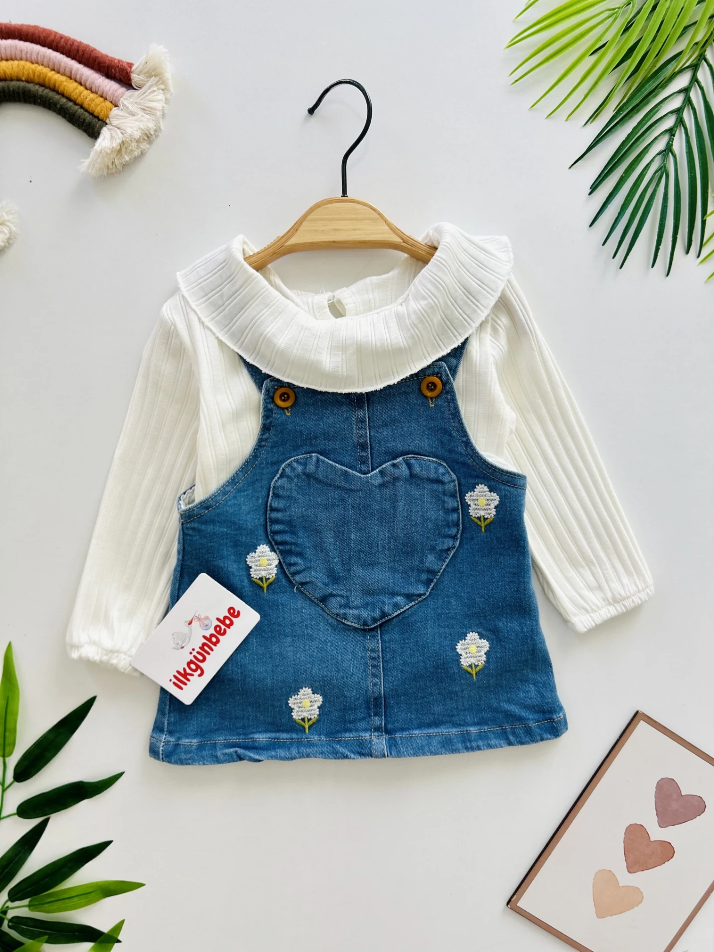 Papatya Nakışlı Kot Jileli Yaka Detaylı Esnek Bodyli 2’li Set