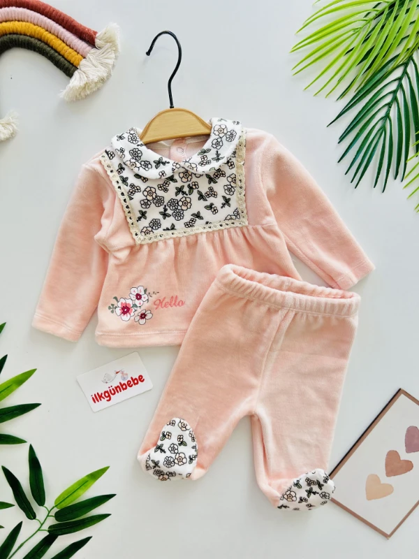 Çiçek Desenli Kadife Kumaş 2’li Premium Takım