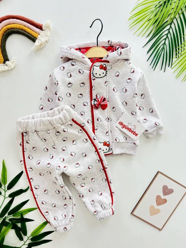 Hello Kitty Fermuar Detaylı  Baskılı 2’li 3 İp Şardonlu Kışlık Takım