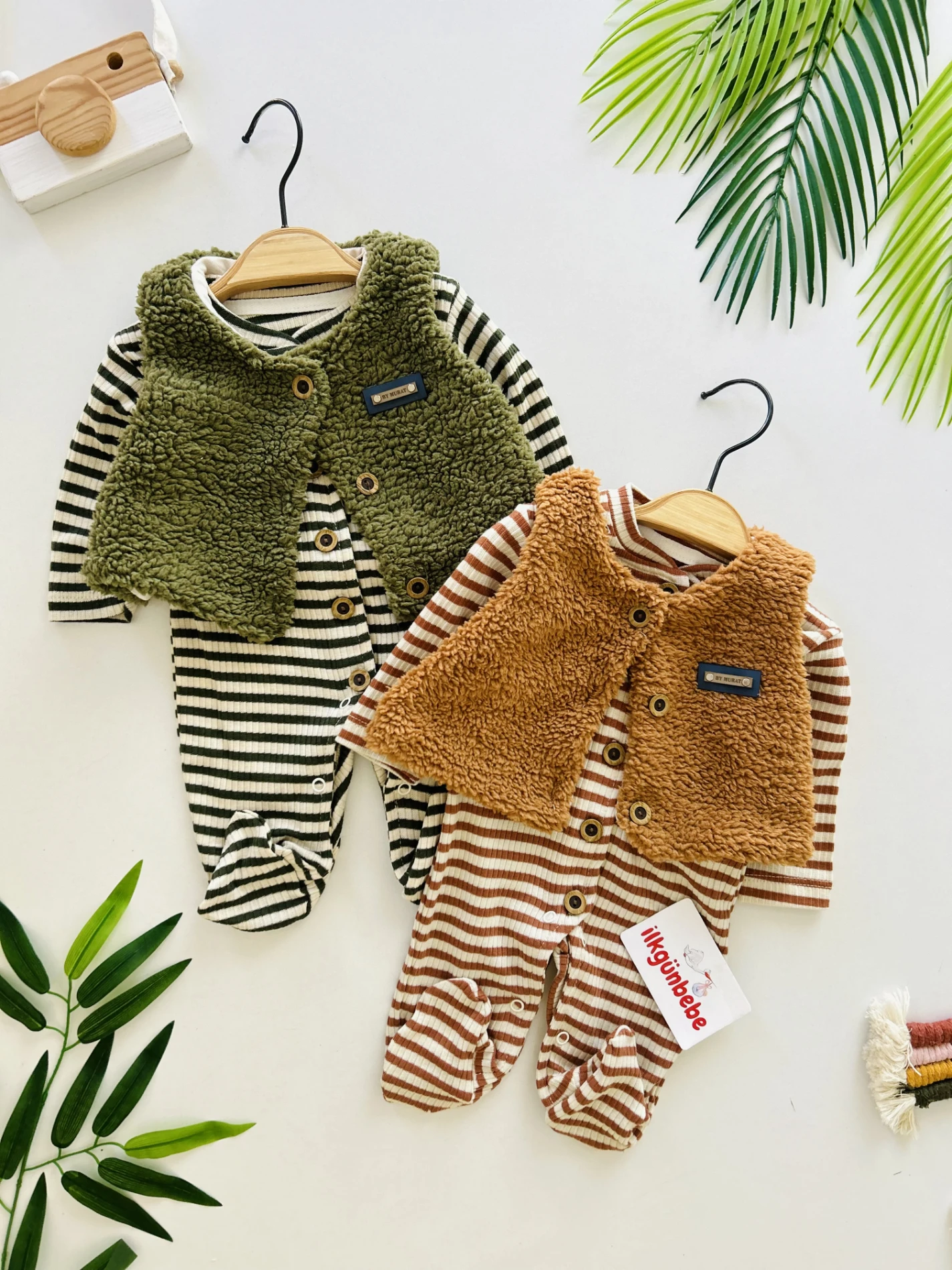 Peluş Yelekli Çizgili %100 Pamuk 2’li Tulum Set