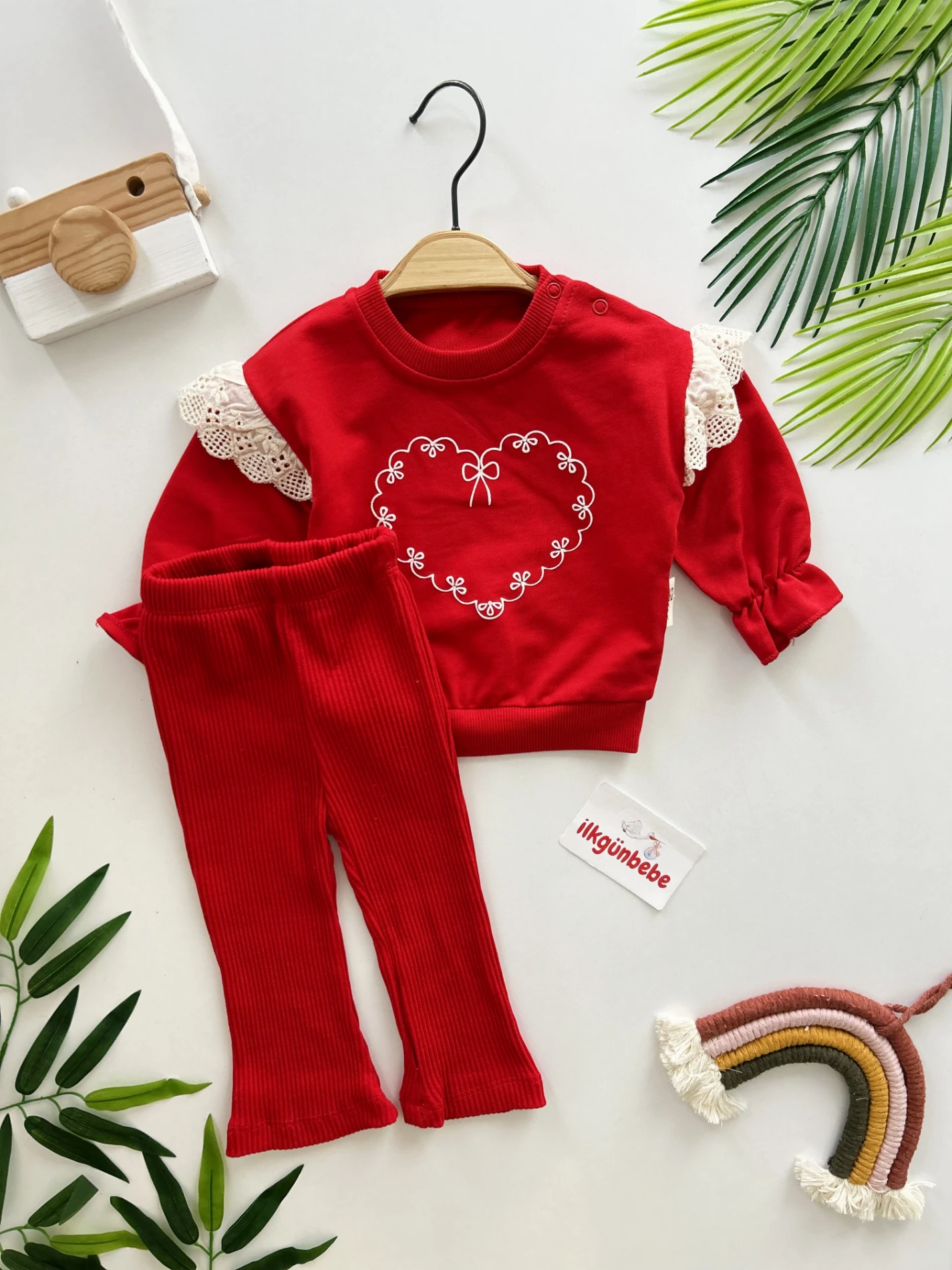 Kalp Desenli %100 Pamuk İspanyol Paça 2’li Takım