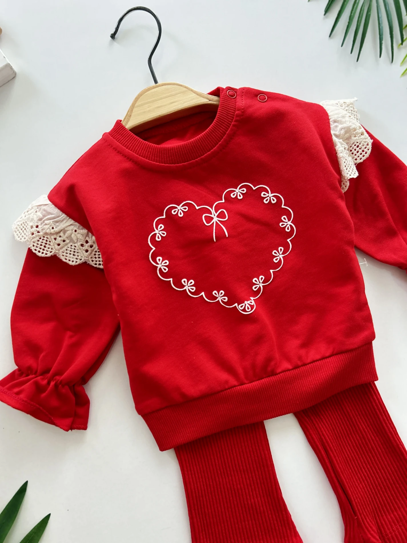 Kalp Desenli %100 Pamuk İspanyol Paça 2’li Takım