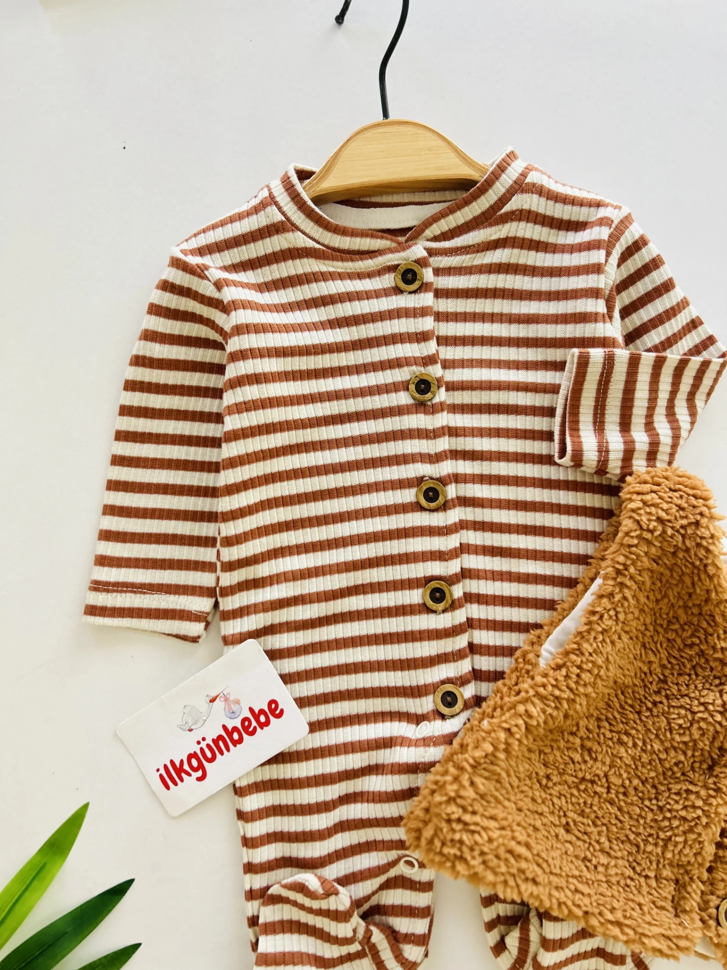 Peluş Yelekli Çizgili %100 Pamuk 2’li Tulum Set